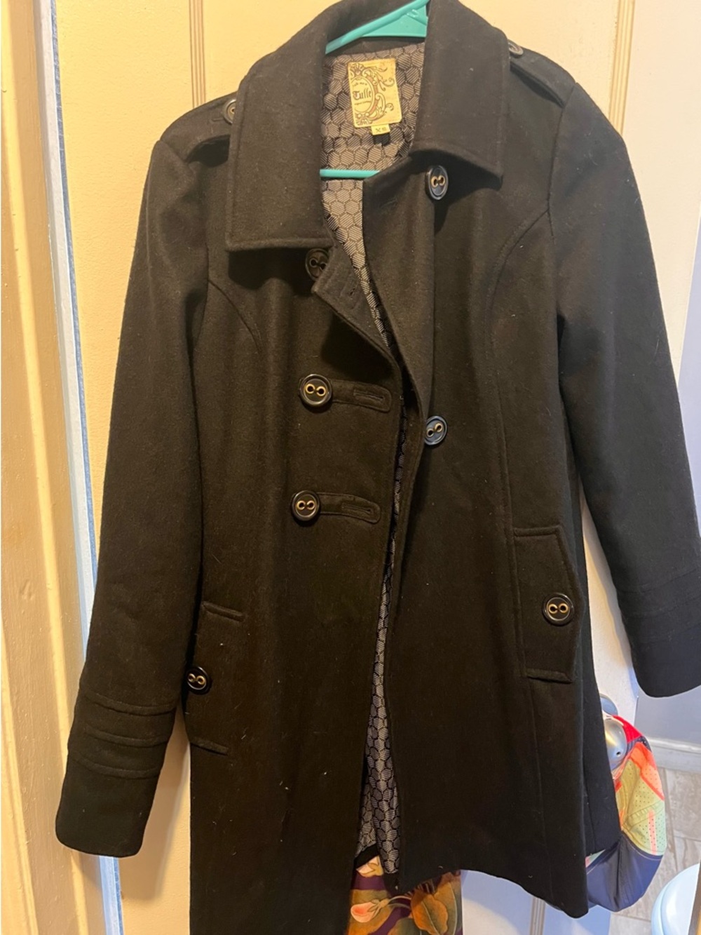 Tulle Black Double-Breasted Wool Pea Coat - Picture 2 of 3